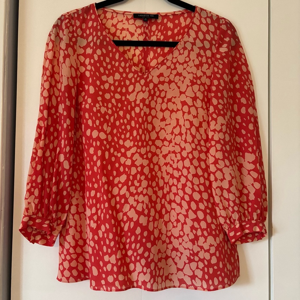 Lafayette 148 New York Women’s XS Pink Silk Blouse Bell Sleeve V-Neck